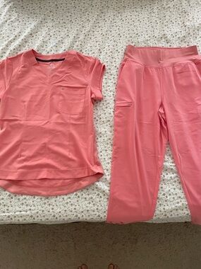 White Cross CRFT Coral Pink Scrub Top & Jogger Set